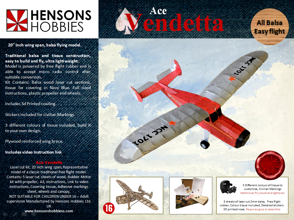 Balsa model aircraft with silver wings, red fuselage, ace vendetta, box picture